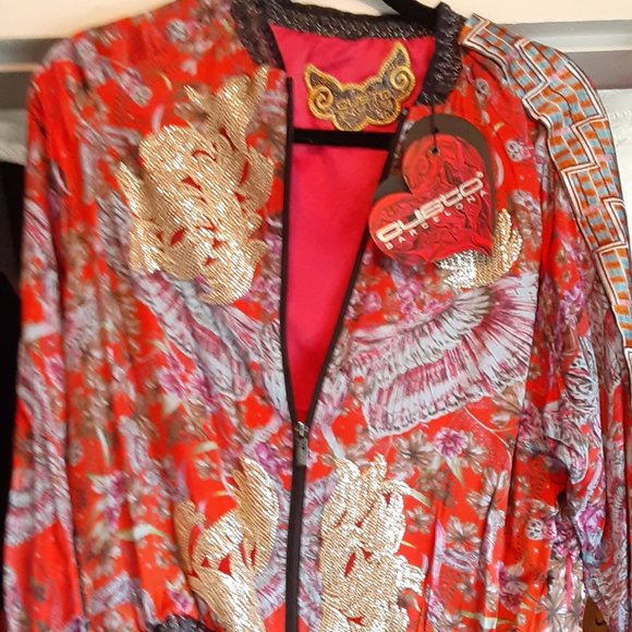 CUSTO BARCELONA REVERSABLE BASE BALL JACKET SILK SATIN FLORAL METALIC MEDIUM